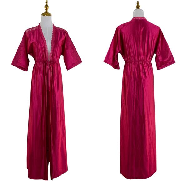 Vintage 70s Julie Girl Pink Satin Nylon Lace Trim Dressing Gown Maxi Robe Size S - Picture 1 of 11